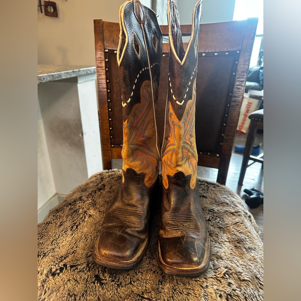 Tony Lama 16” Buckaroo RR1009 Black/Brown Leather Western Cowboy Boots, Size 8.5